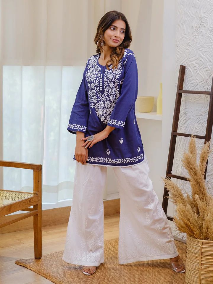 Casual Wear Blue Color Summer Style Top With Palazzo