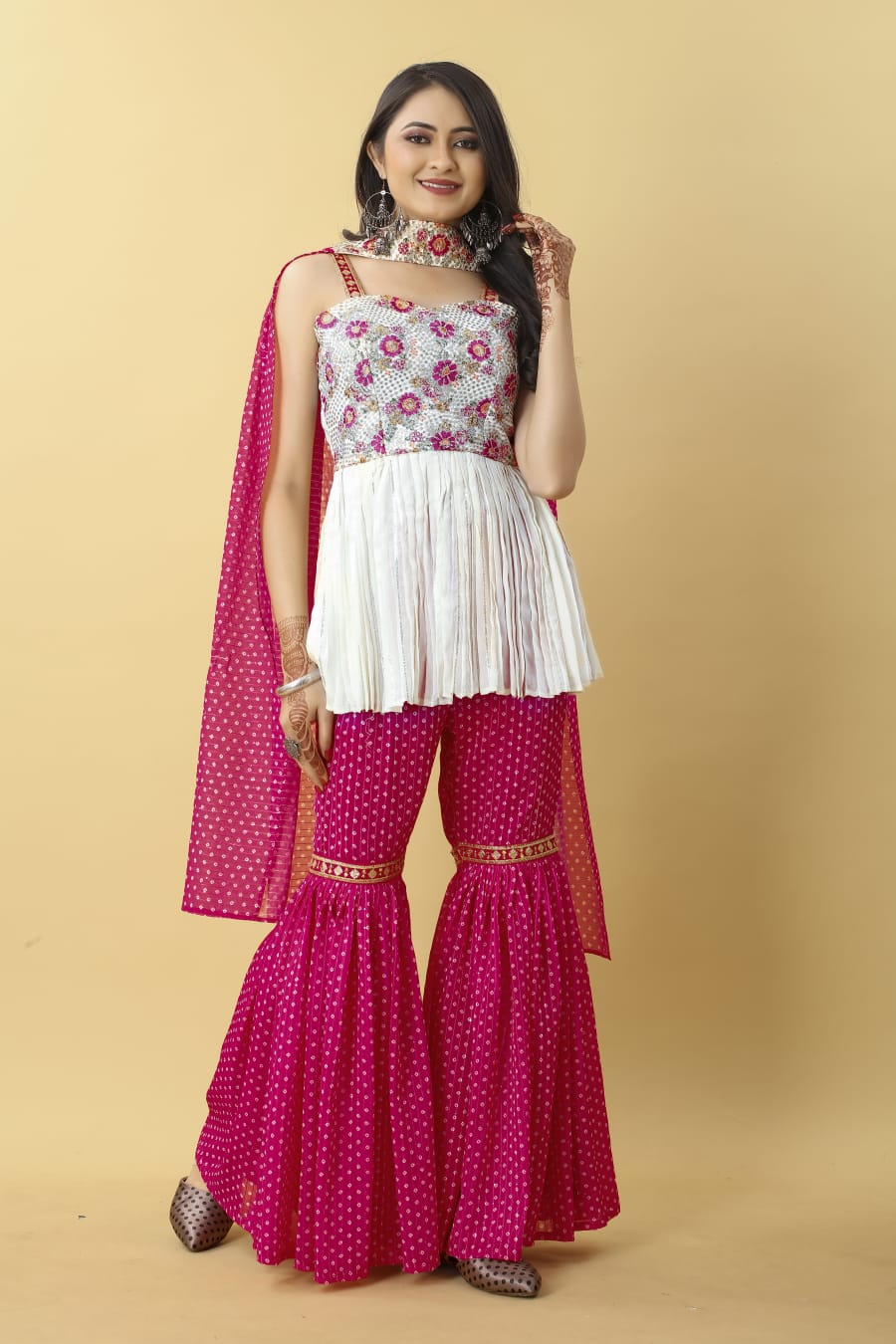 White With Dark Pink Color Embroidery Work Sharara Suit