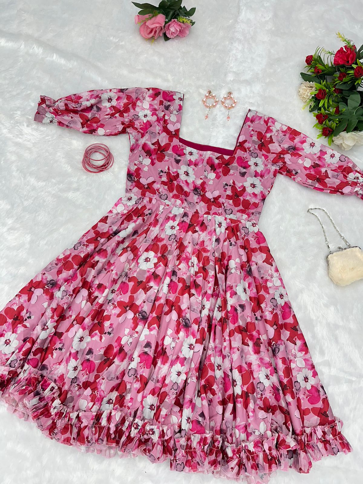 Casual Wear Pink Flower Print Cotton Short Dress