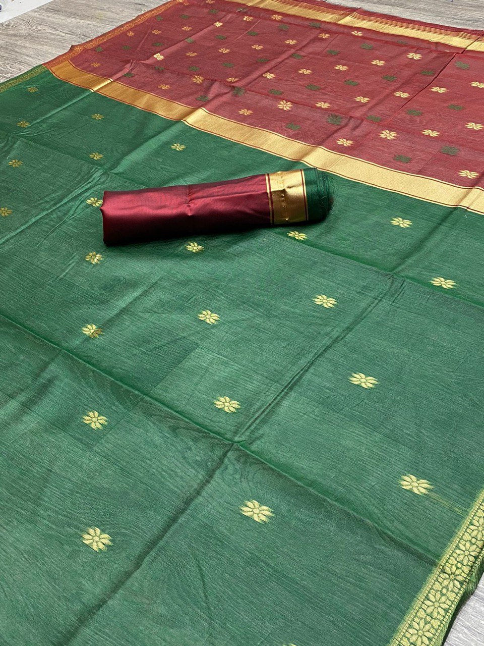 Linen Cotton Silk Green With Maroon Border Saree