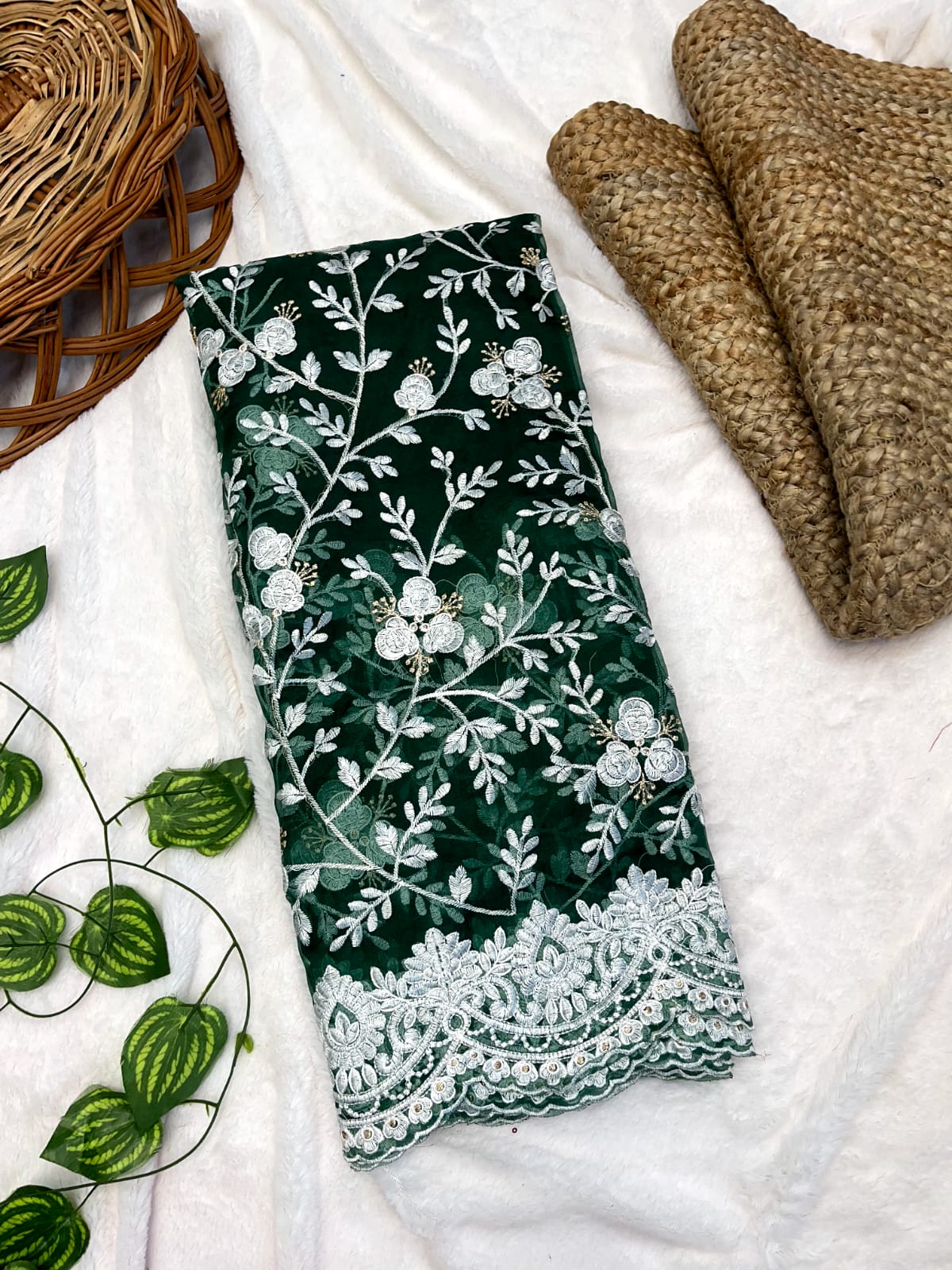 Elegant Thread Work Green Color Organza Silk Saree