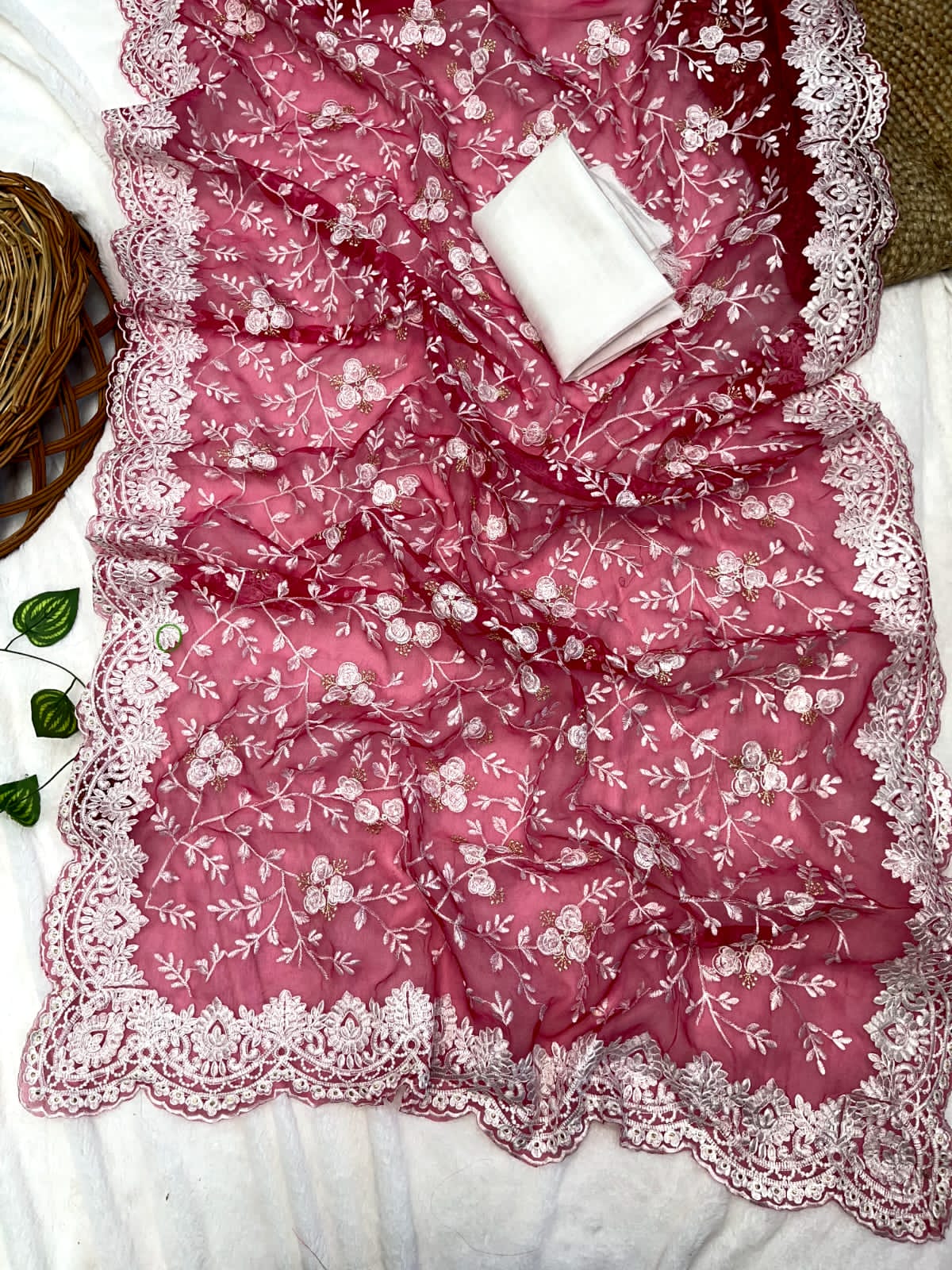 Elegant Thread Work Pink Color Organza Silk Saree