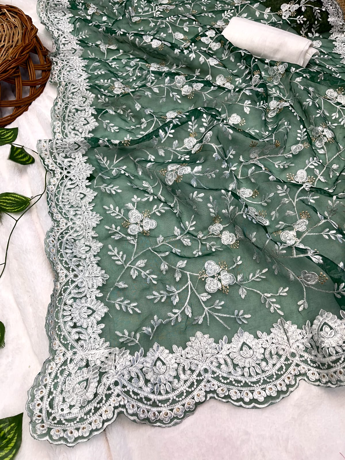 Elegant Thread Work Green Color Organza Silk Saree