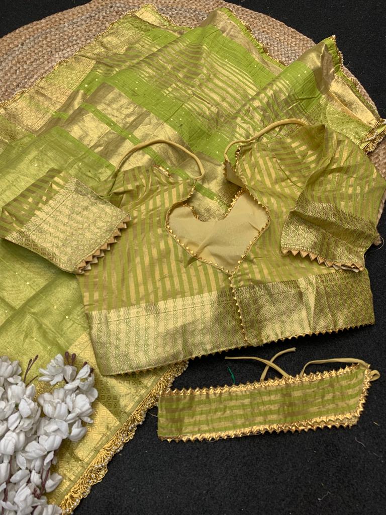 Parrot Green Color Zari Weaving Cotton Silk Saree