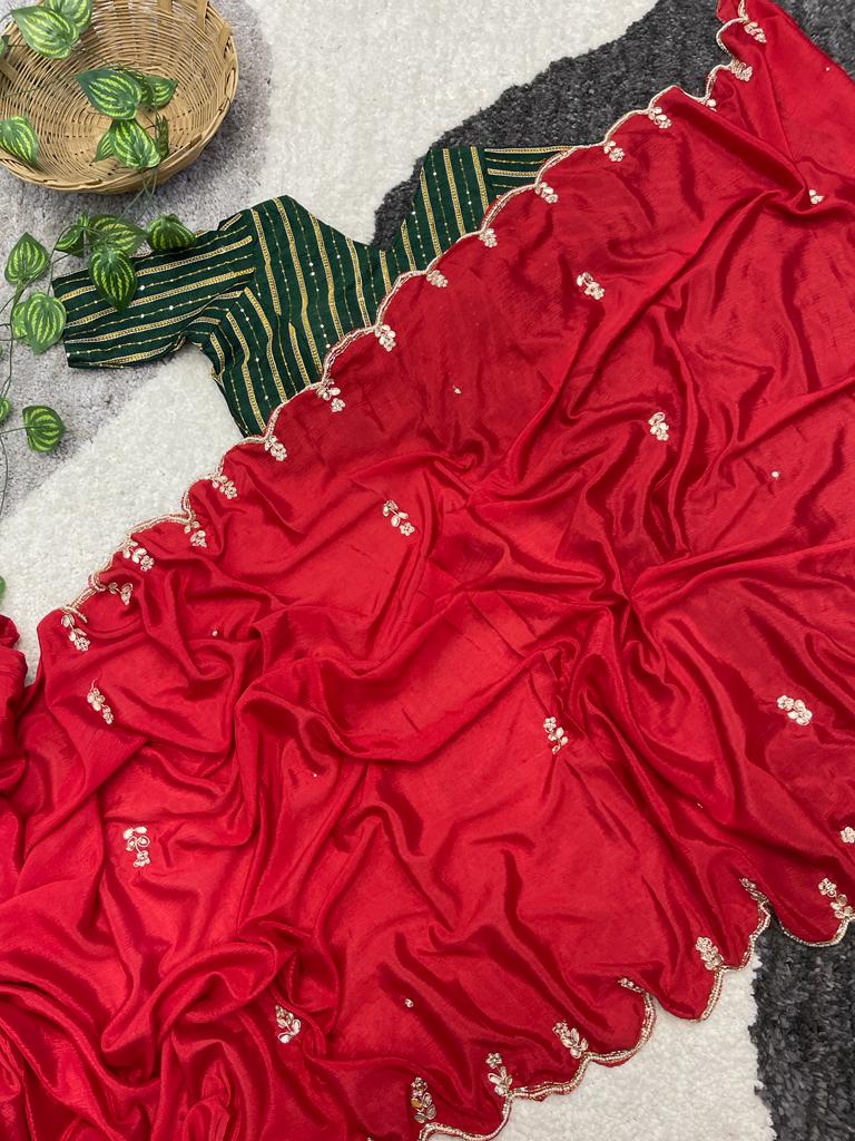 Outstanding Handwork Red Color Silk Saree
