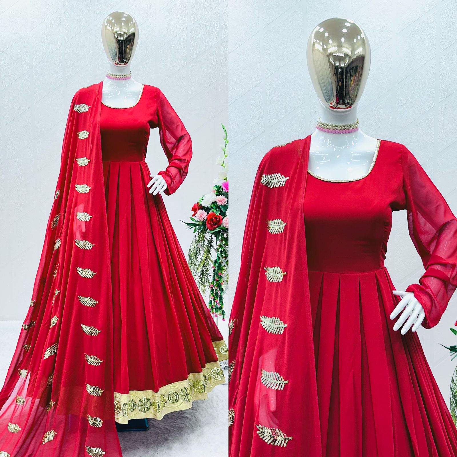 Classy Plain Red Color Gown With Work Dupatta