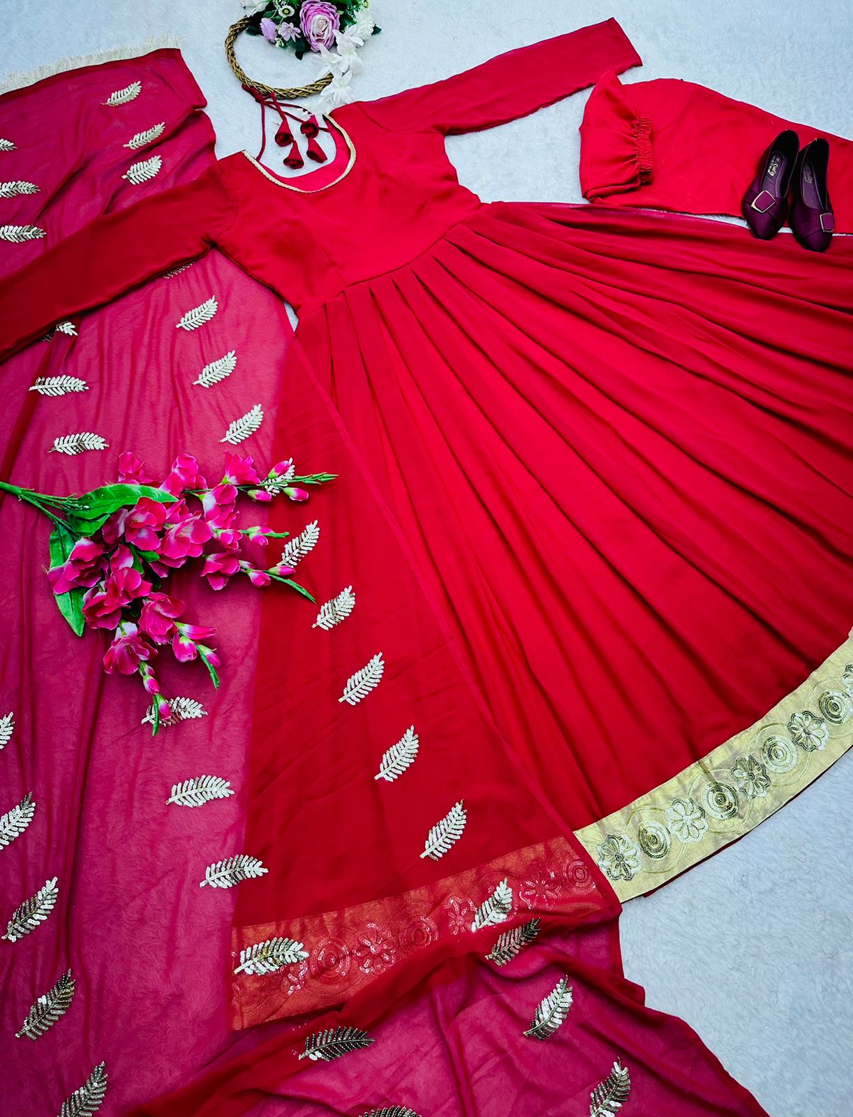 Classy Plain Red Color Gown With Work Dupatta