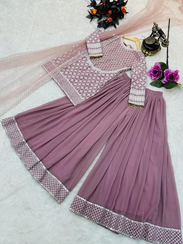 Presenting Dusty Pink Color Heavy Work Sharara Suit