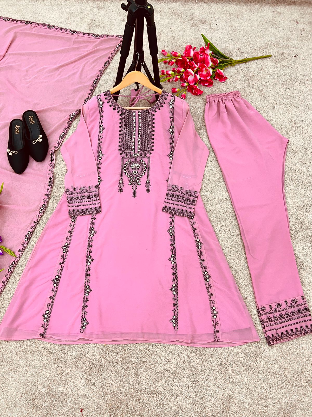 Unique Pink Color Mirror Embroidery Work Salwar Suit