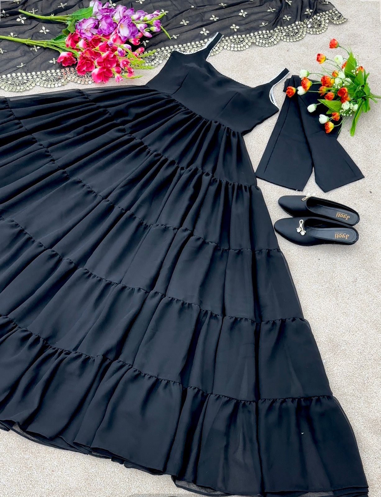 Outstanding Black Color Ruffle Anarkali Gown