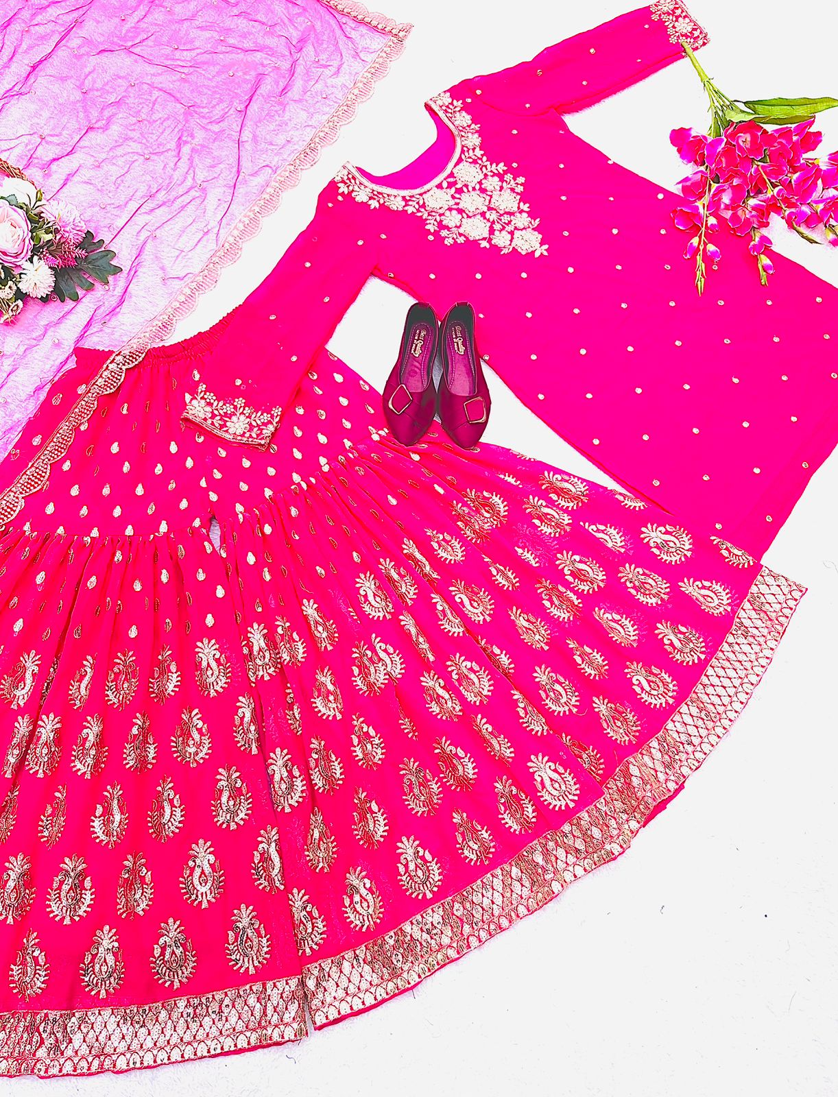 Attractive Pink Color Embroidery Work Sharara Suit