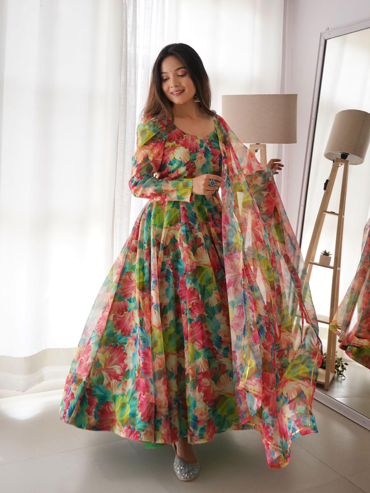 Organza Silk Multi Color Floral Print Gown