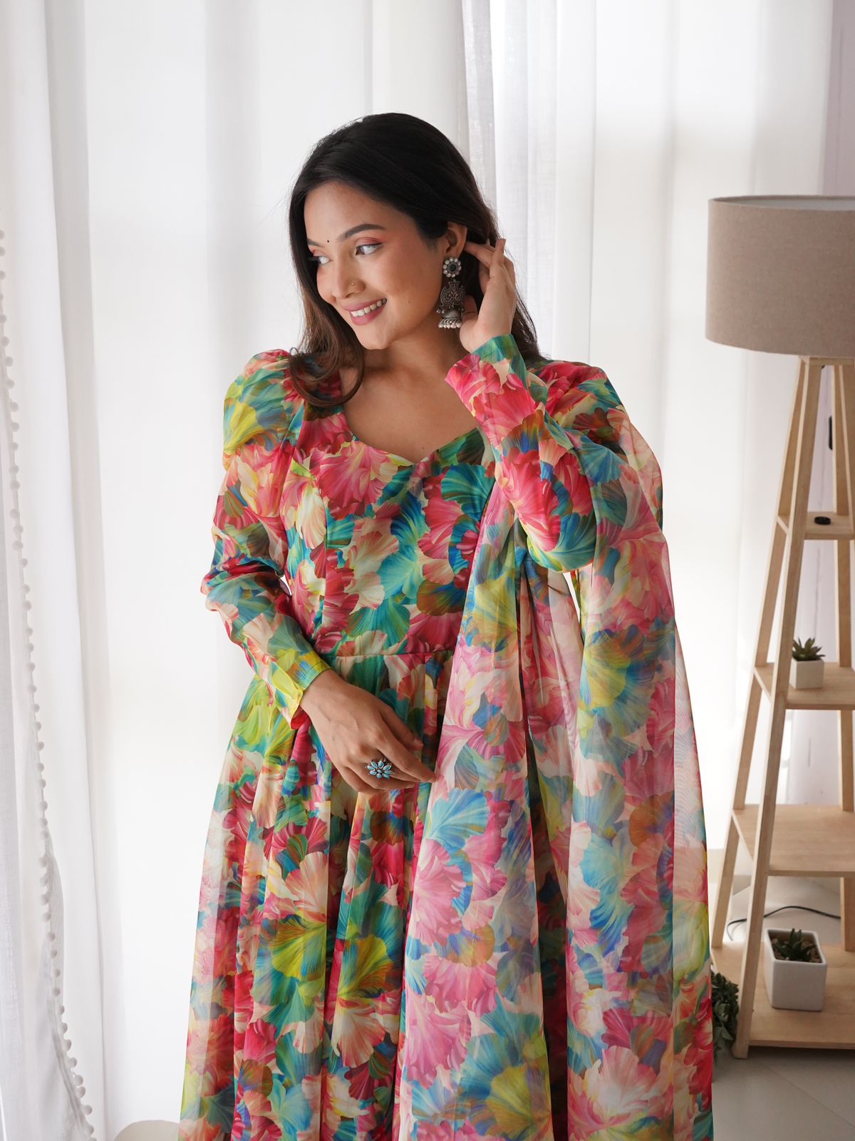 Organza Silk Multi Color Floral Print Gown