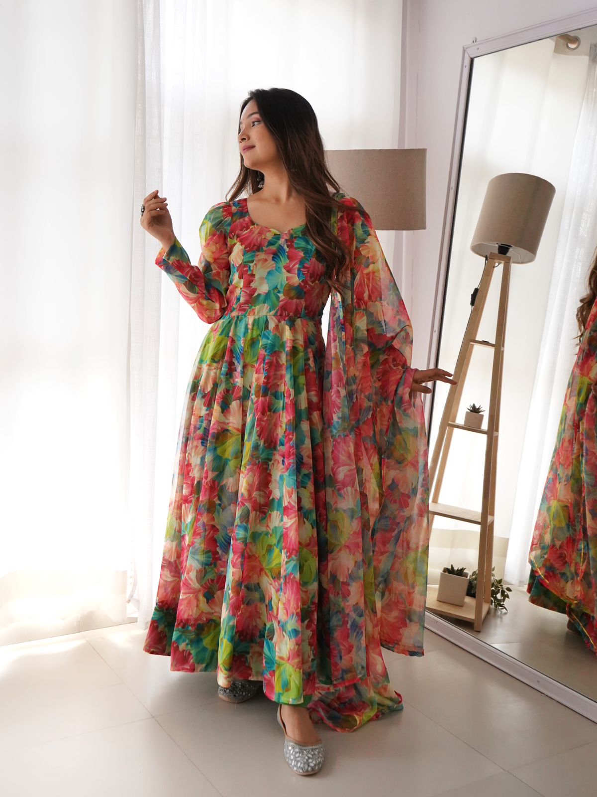Organza Silk Multi Color Floral Print Gown