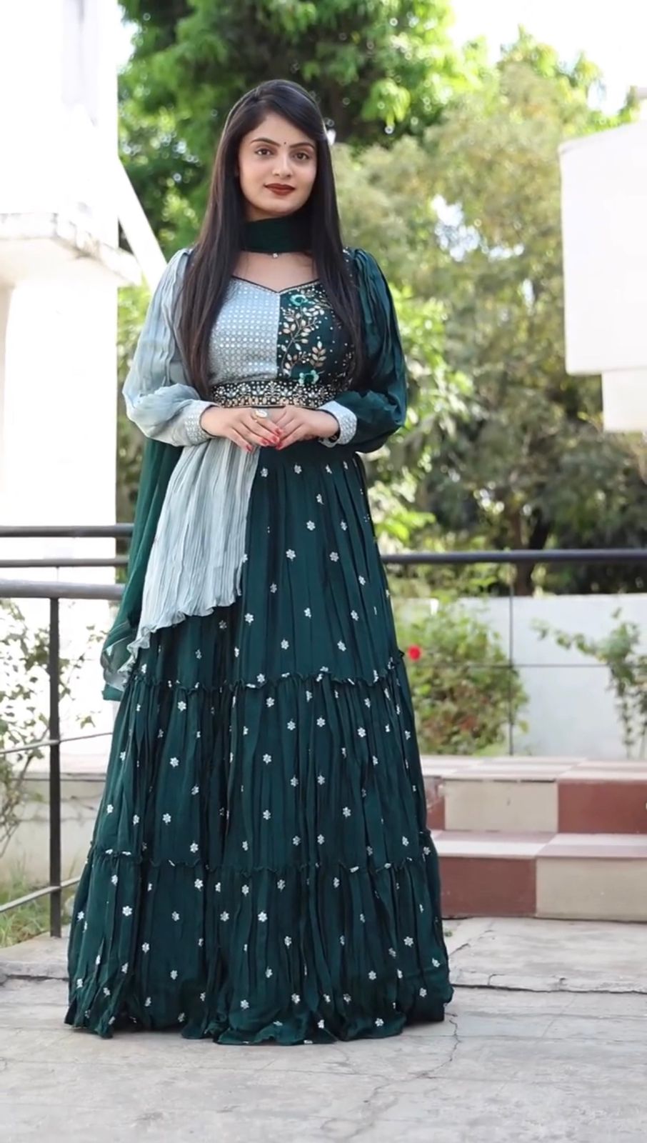 Teal Blue Color Ruffle Style Lehenga With Fancy Top