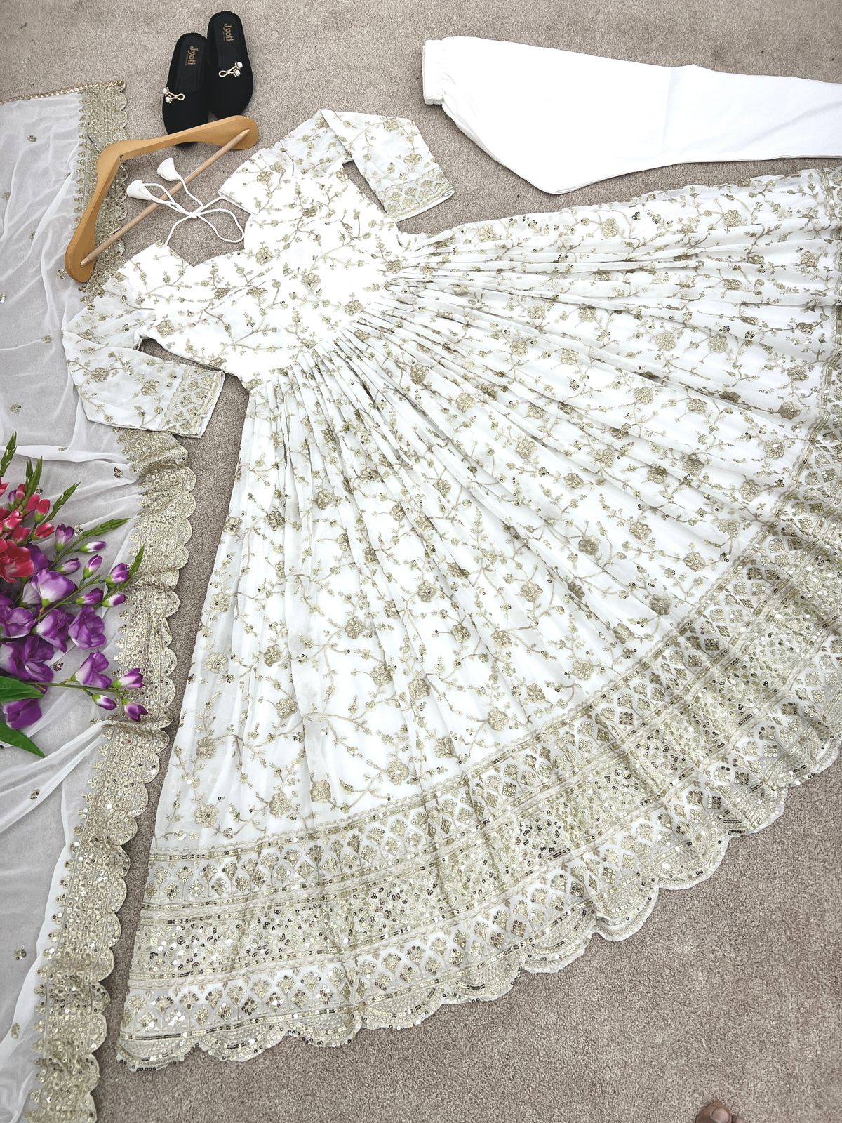 Heavy Embroidery Sequence Work White Color Gown