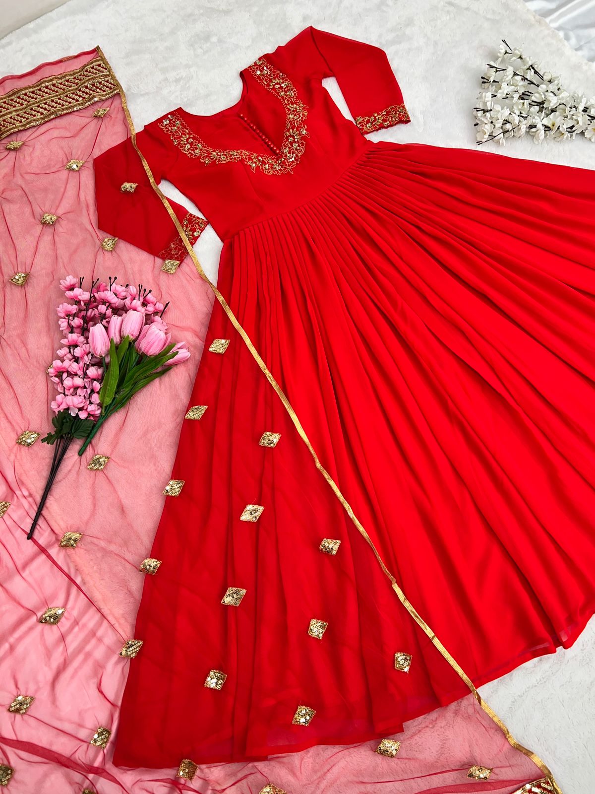 Fashionable Embroidery Work Pattern Red Color Gown