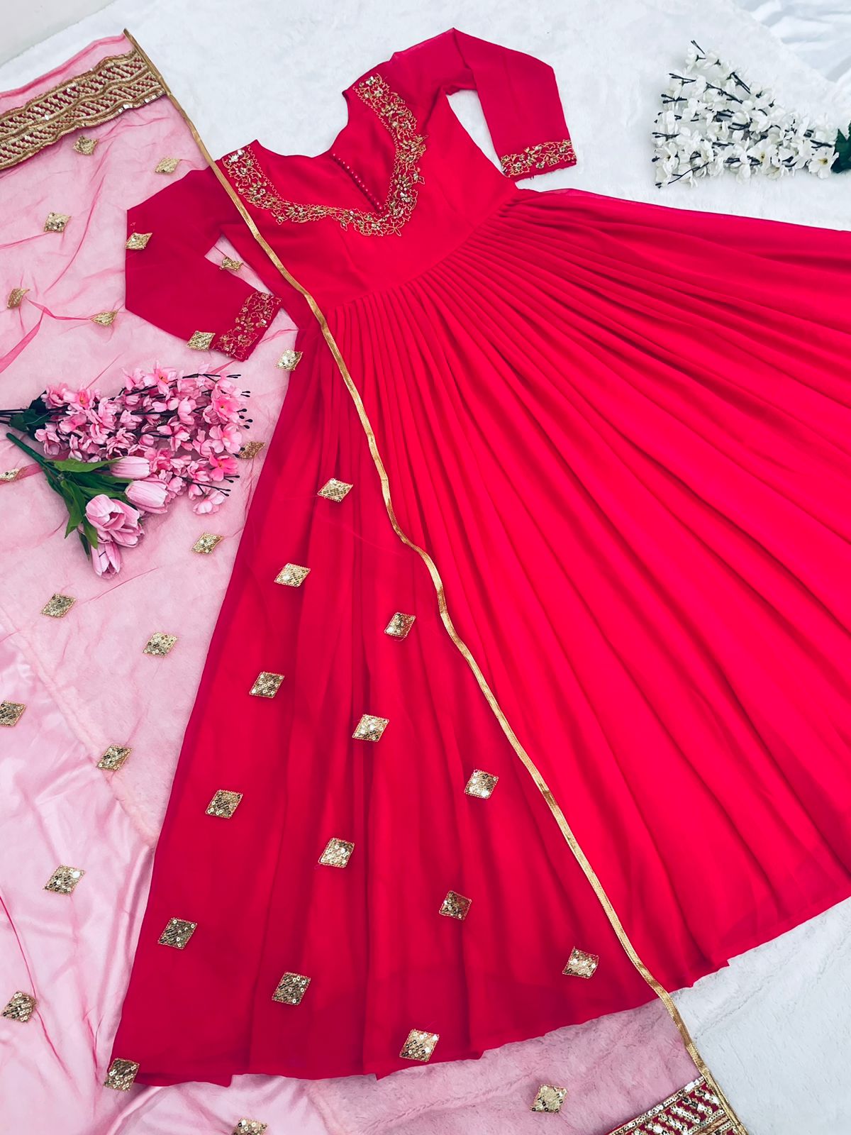 Fashionable Embroidery Work Pattern Pink Color Gown