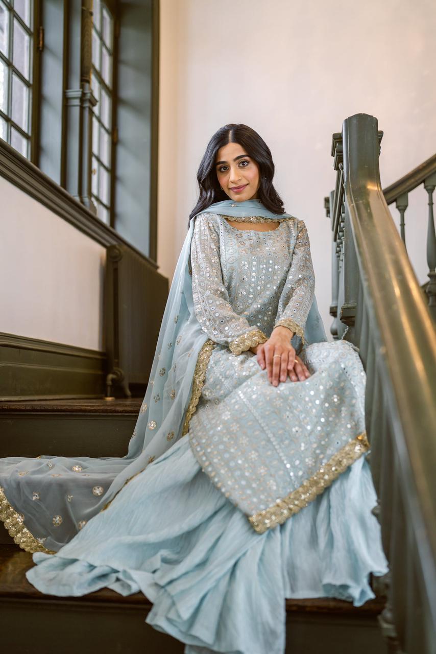 Alluring Sky Blue Color Heavy Embroidery Work Sharara Suit