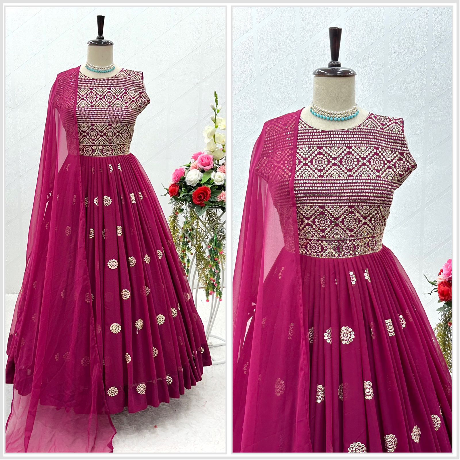 Dark Pink Color Sequence Embroidery Work Gown