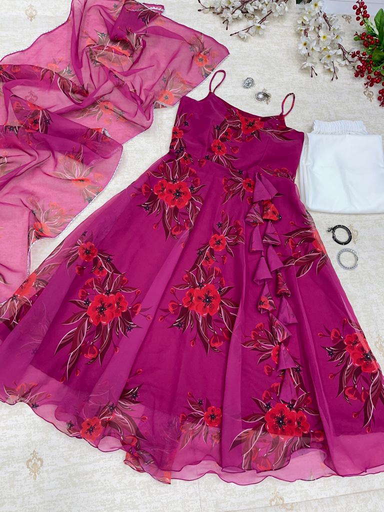 Casual Wear Dark Pink Color Printed Gown