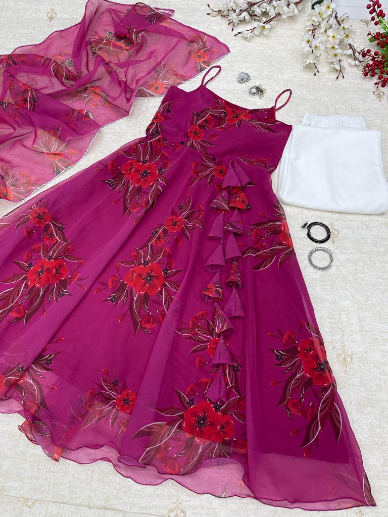 Casual Wear Dark Pink Color Printed Gown