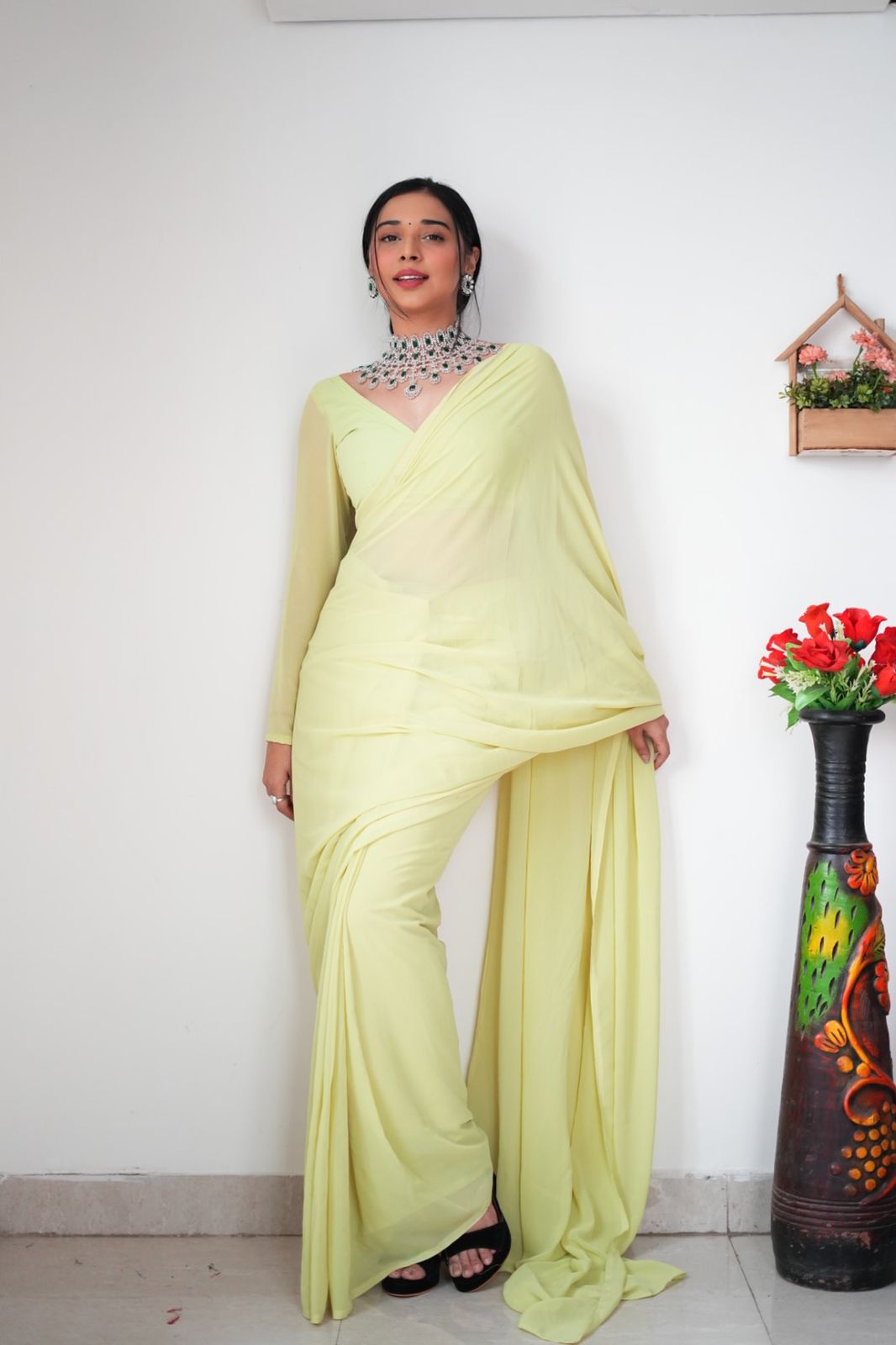 Plain Yellow Color Ready To Wear Georgette Saree