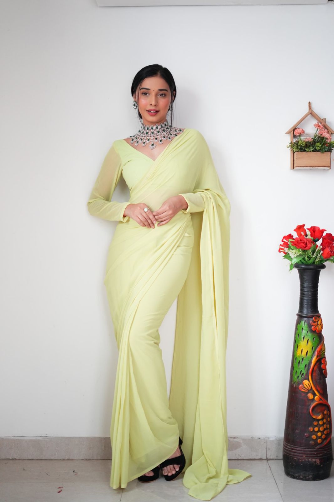 Plain Yellow Color Ready To Wear Georgette Saree