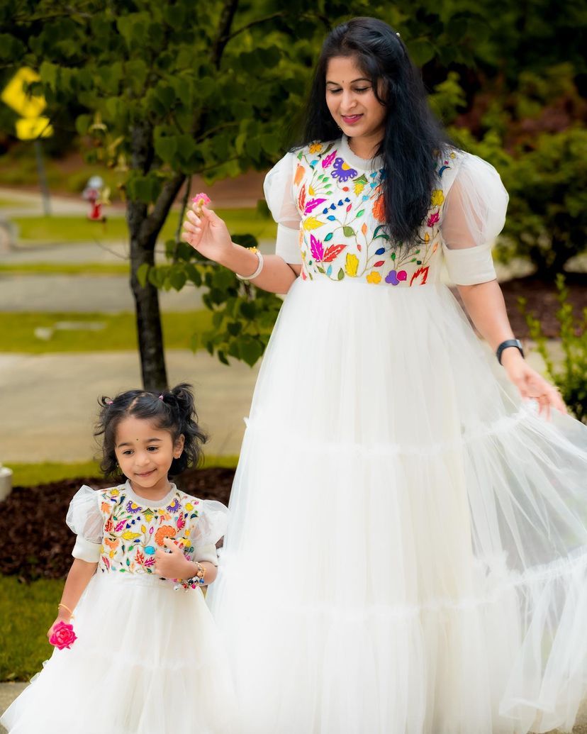White Color Beautiful Mother Daughter Gown