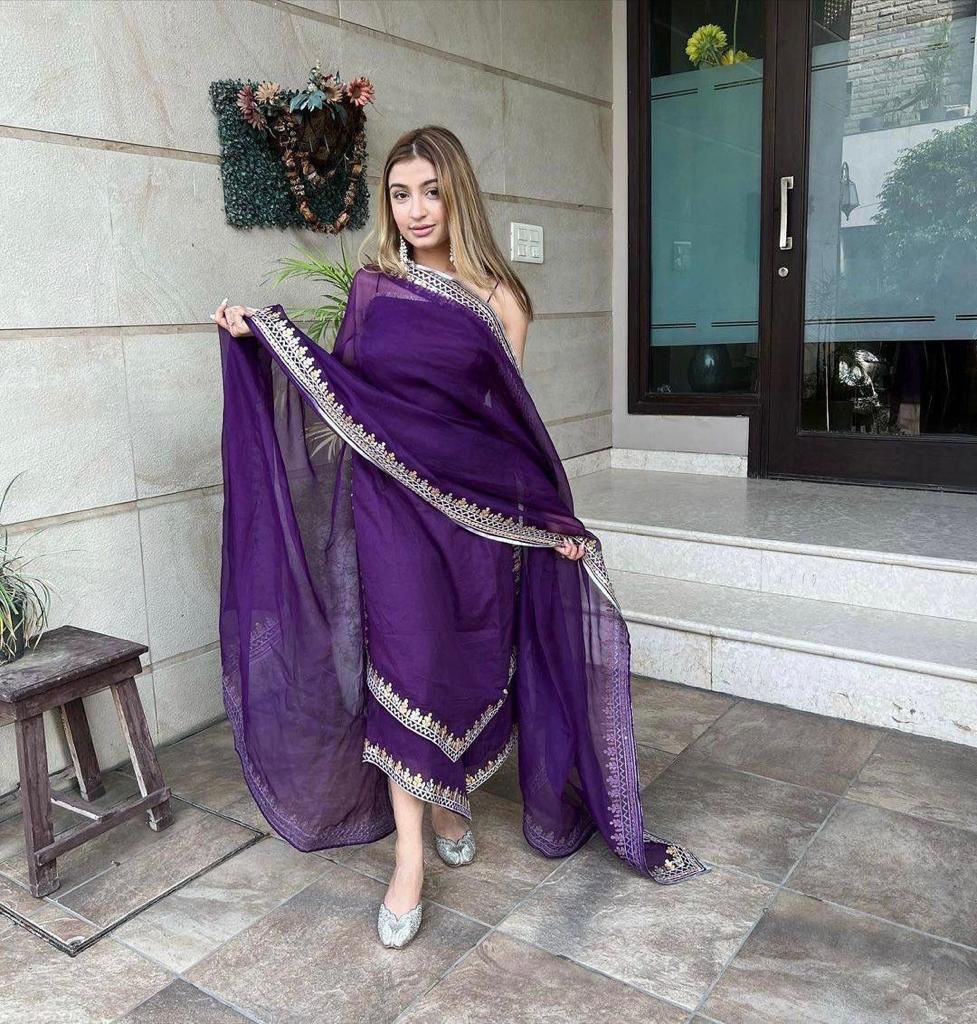 Good Looking Purple Color Embroidered Palazzo Suit