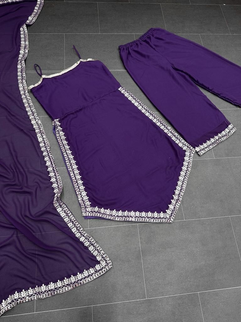 Good Looking Purple Color Embroidered Palazzo Suit
