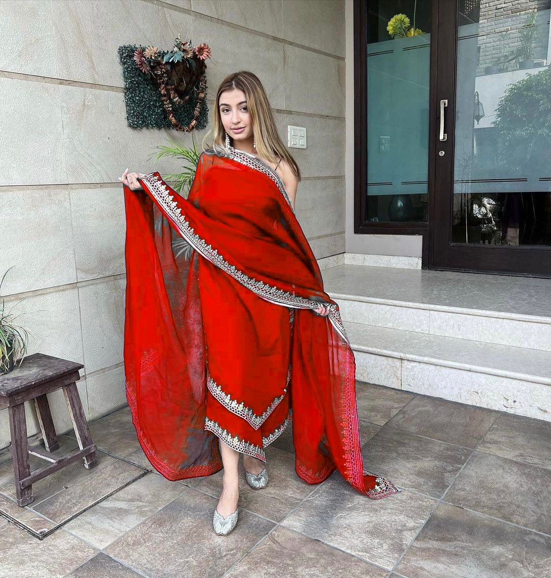 Good Looking Red Color Embroidered Palazzo Suit