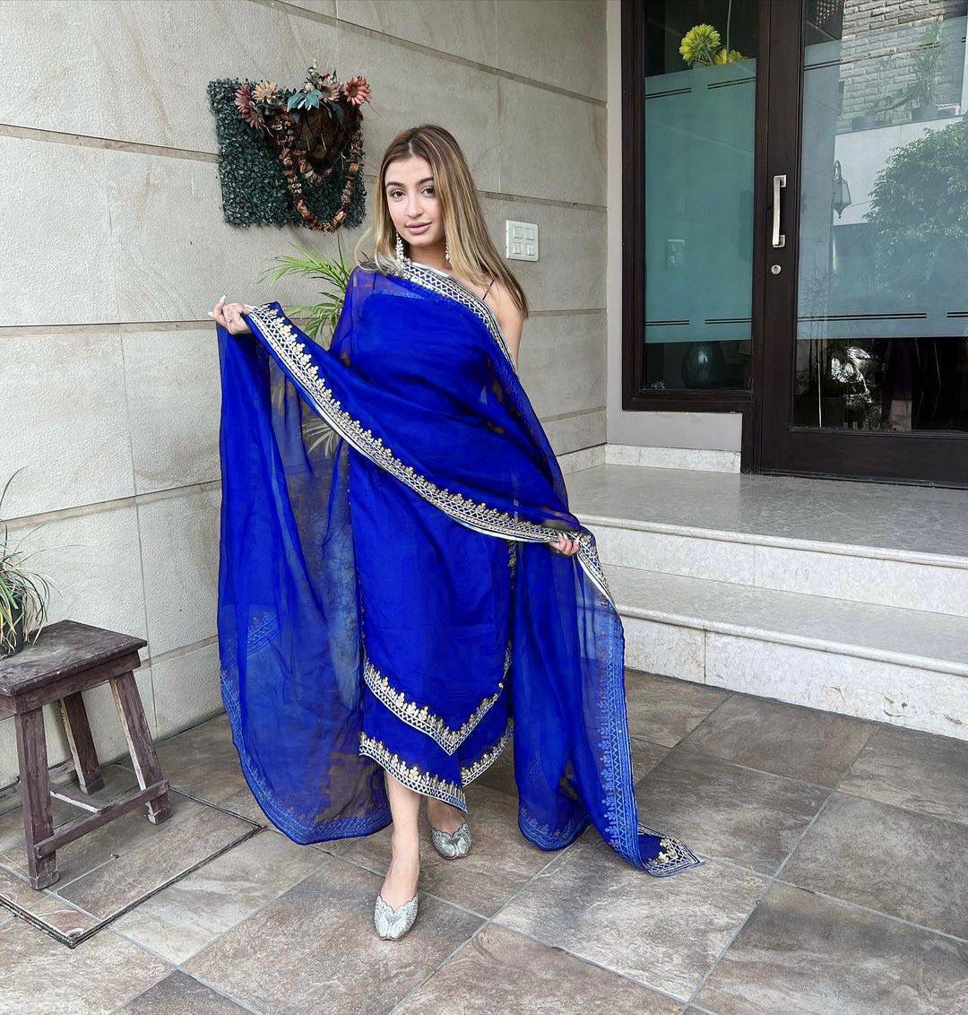 Good Looking Blue Color Embroidered Palazzo Suit