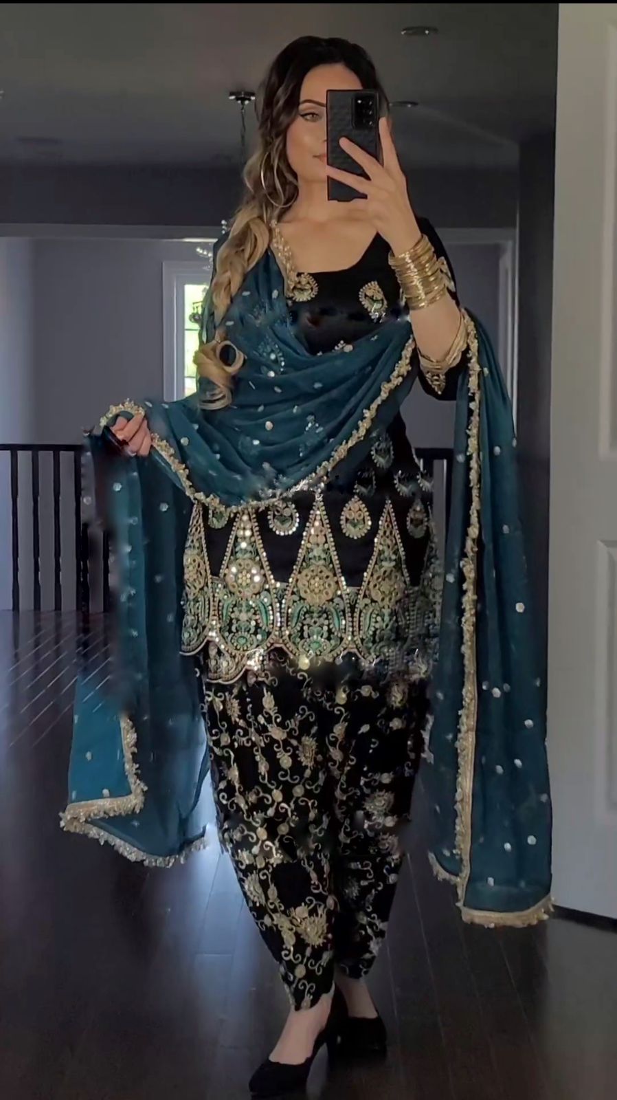 Real Mirror With Sequence Work Black Color Sharara Suit