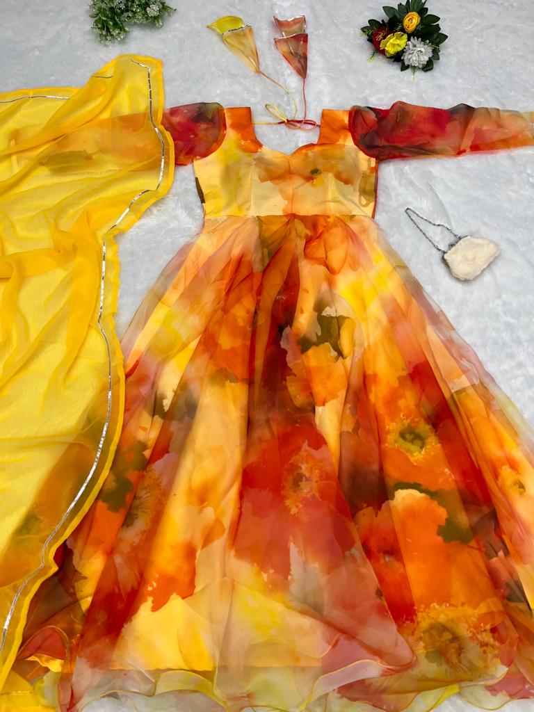 Pretty Yellow Color Printed Organza Gown