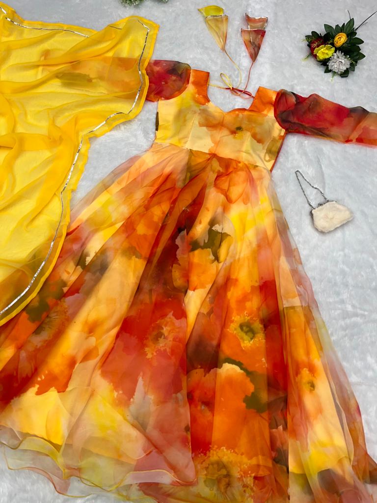 Pretty Yellow Color Printed Organza Gown