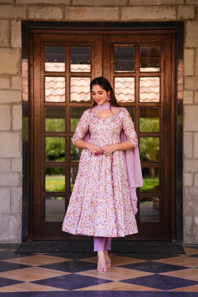 Fashionable Multi Work Lavender Color Anarkali Gown