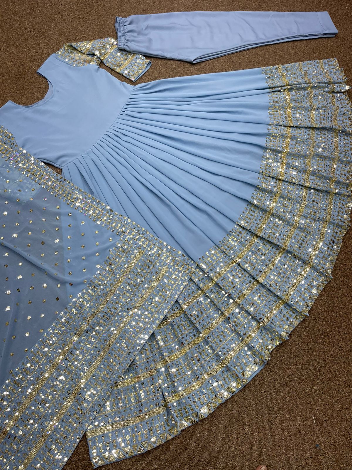 Function Wear Full Sleeve With Work Sky Blue Color Anarkali Gown