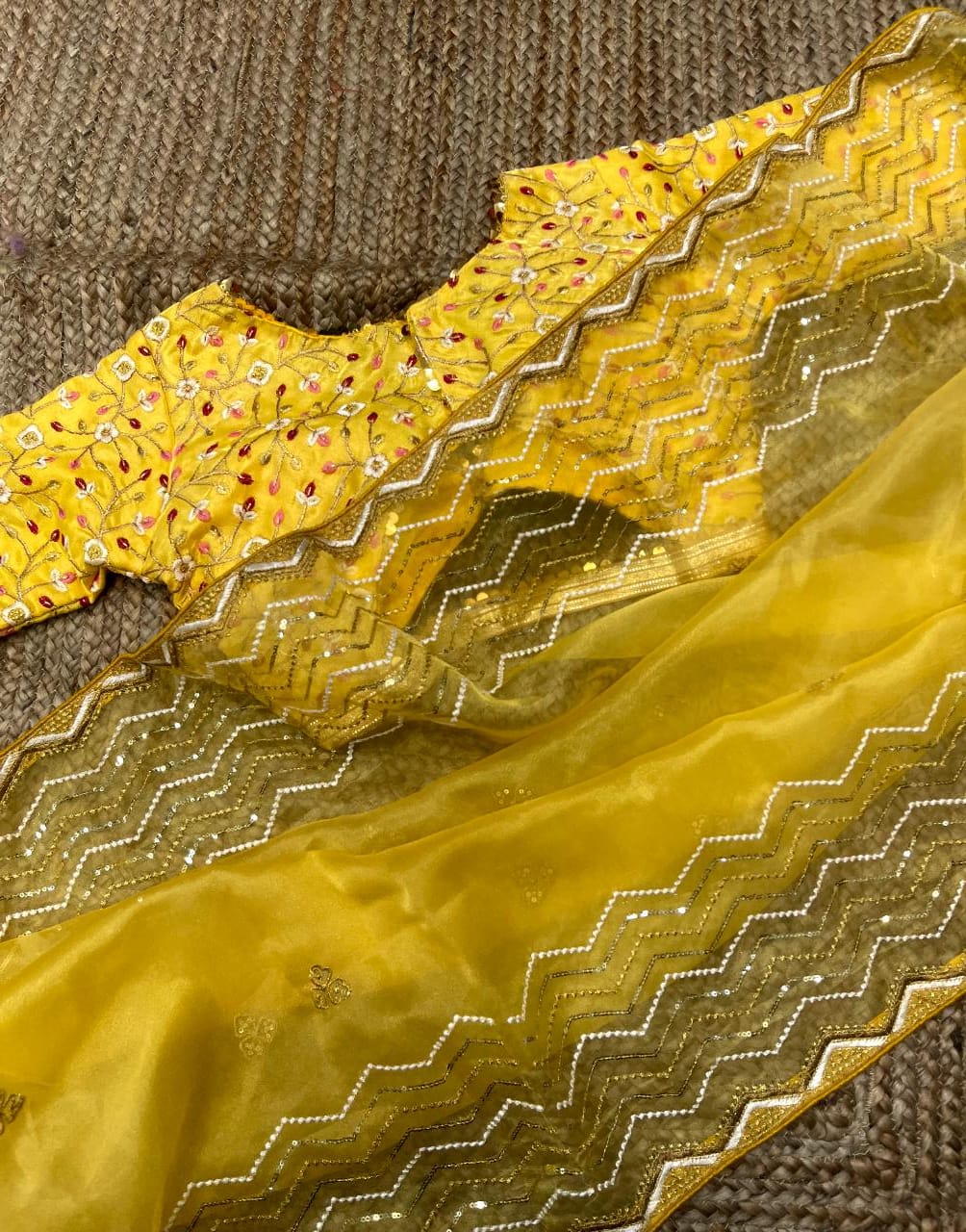 Wonderful Yellow Color Embroidery Work Organza Saree