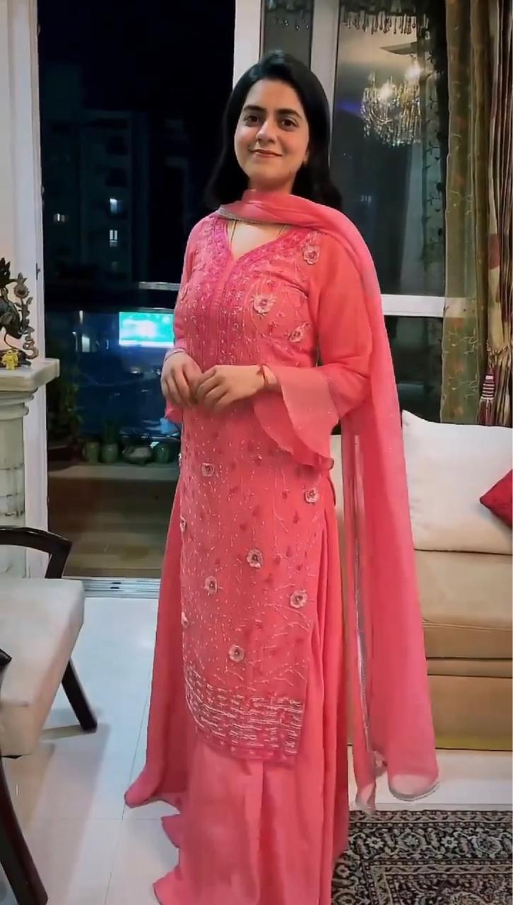 Balloon Sleeve Pink Color Work Sharara Suit