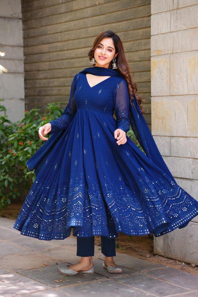 Shining Blue Color Thread With Sequence Work Gown