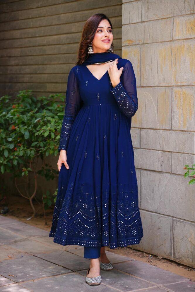 Shining Blue Color Thread With Sequence Work Gown