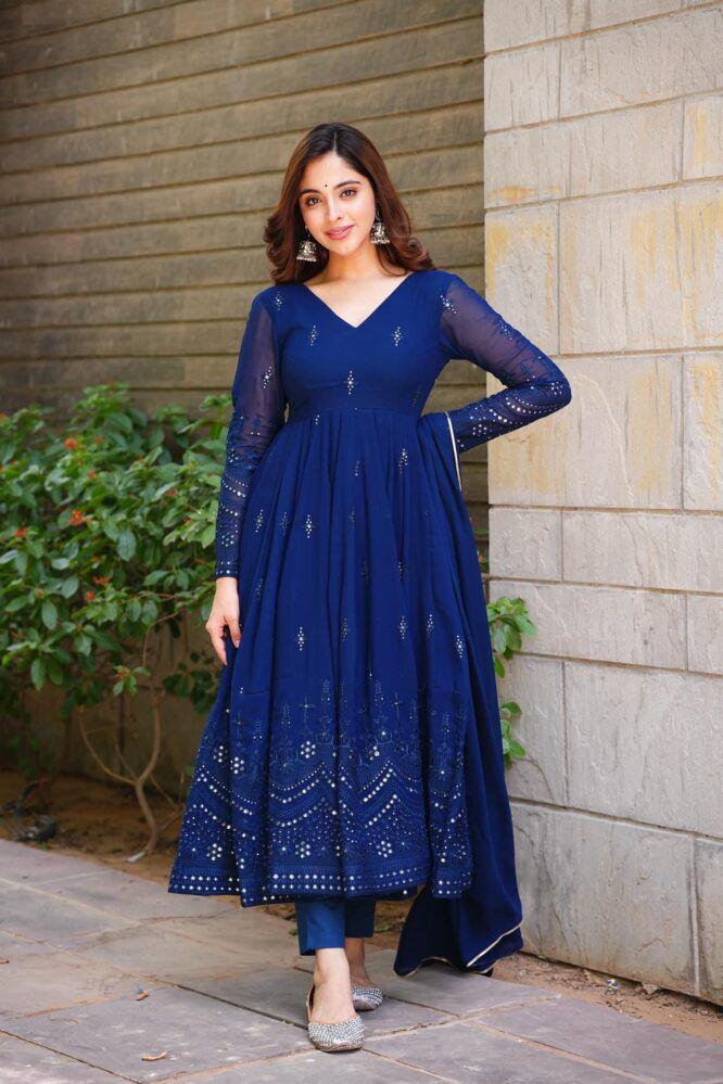 Shining Blue Color Thread With Sequence Work Gown