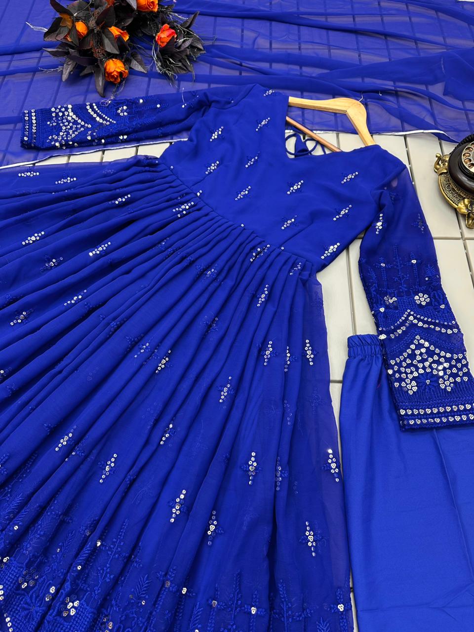Shining Blue Color Thread With Sequence Work Gown