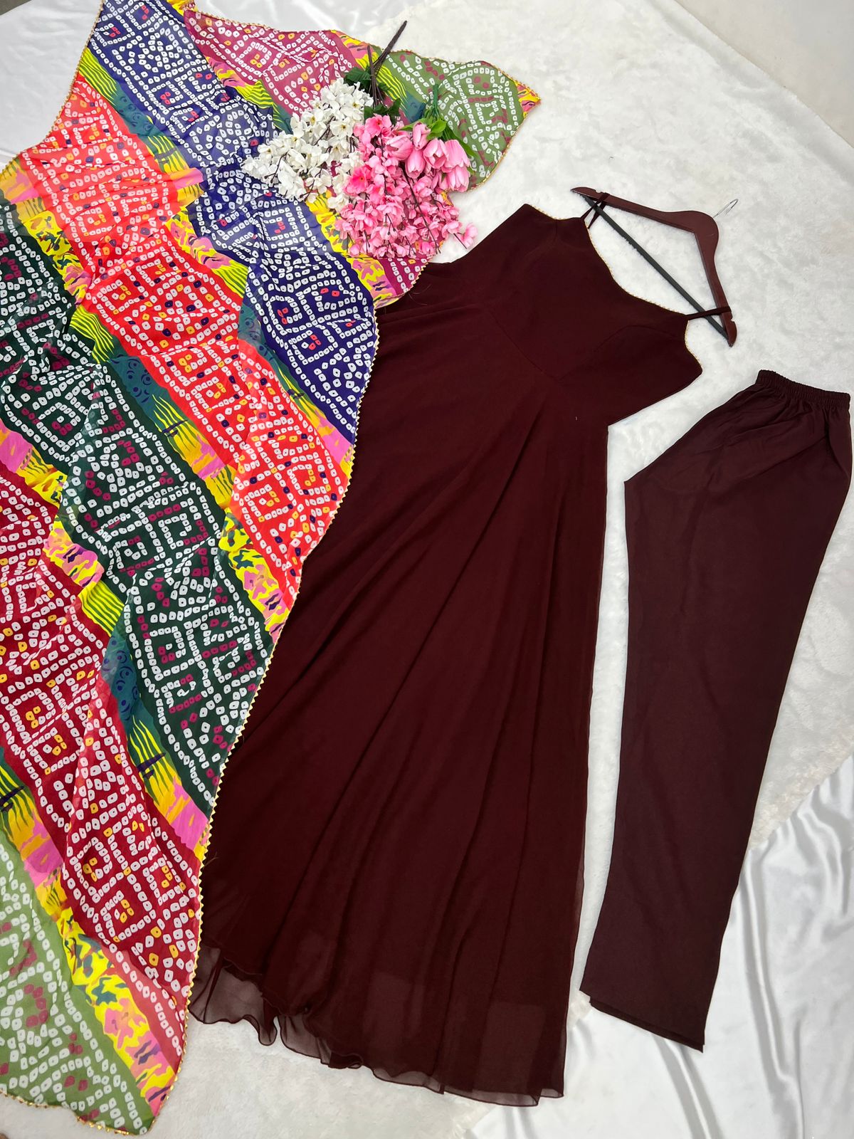 Plain Maroon Color Long Gown With Printed Dupatta