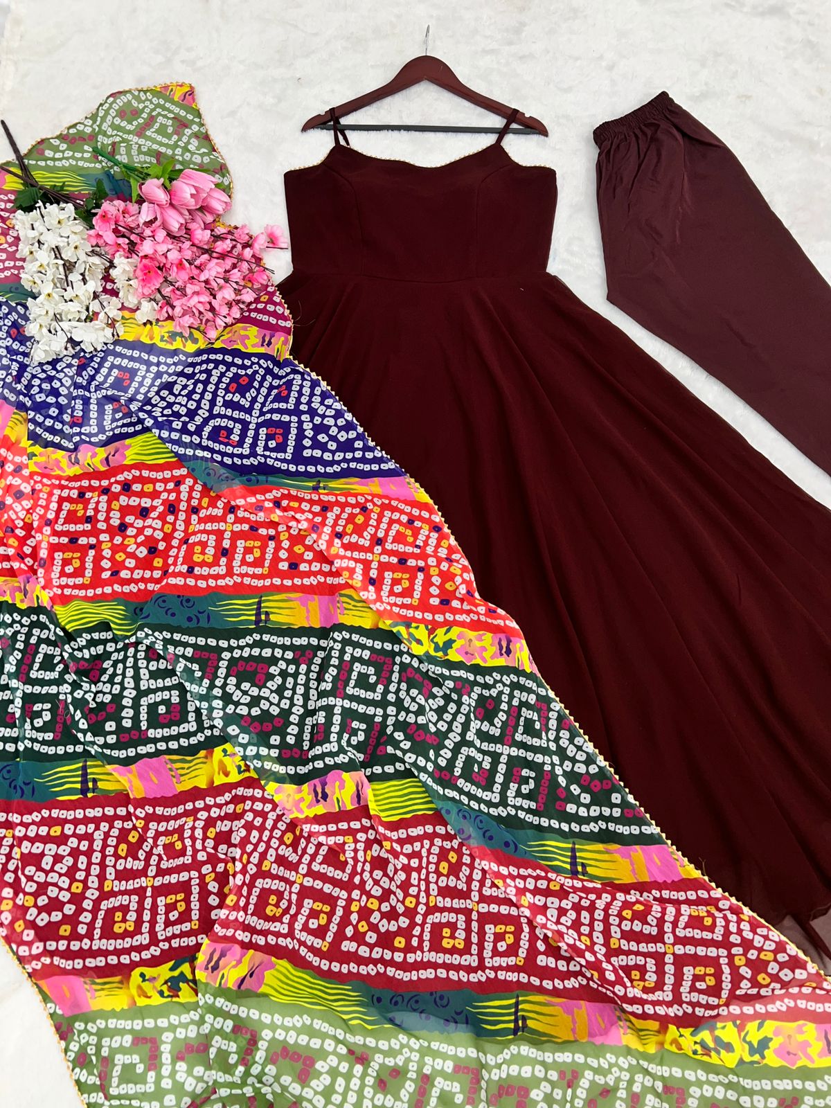 Plain Maroon Color Long Gown With Printed Dupatta