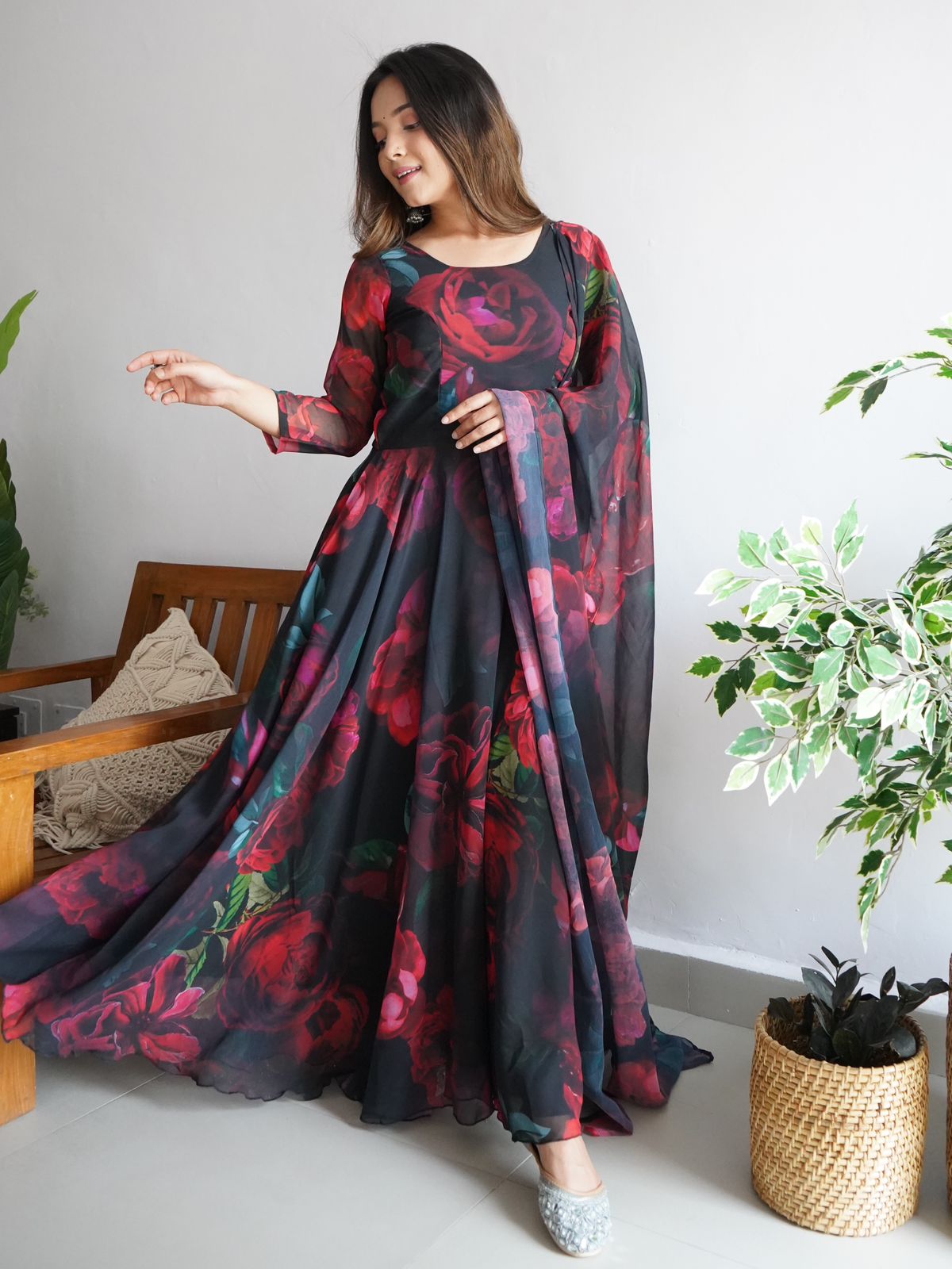 Gorgeous Black Color Digital Print Georgette Gown
