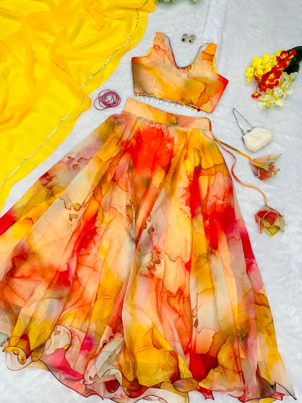 Haldi Style Shibori Print Yellow Color Lehenga Choli