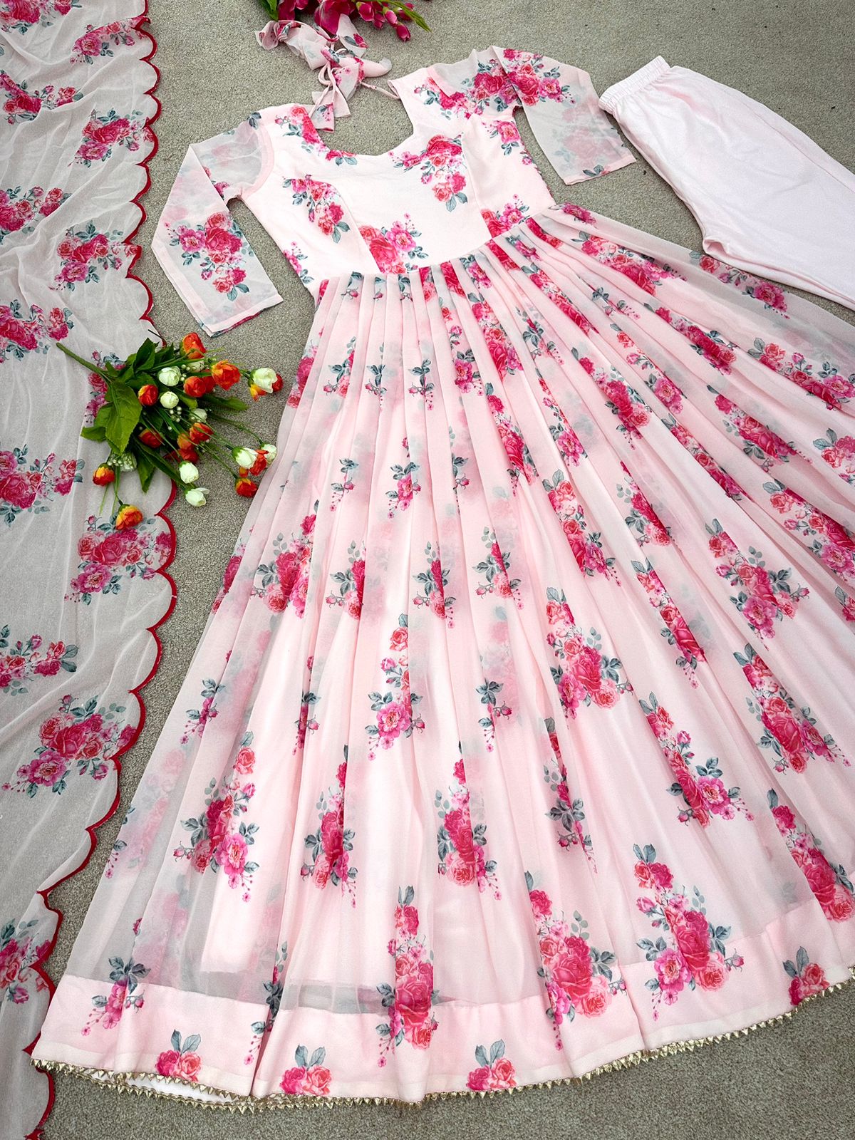 Flattering White Color Festive Gown With Pink Digital Print