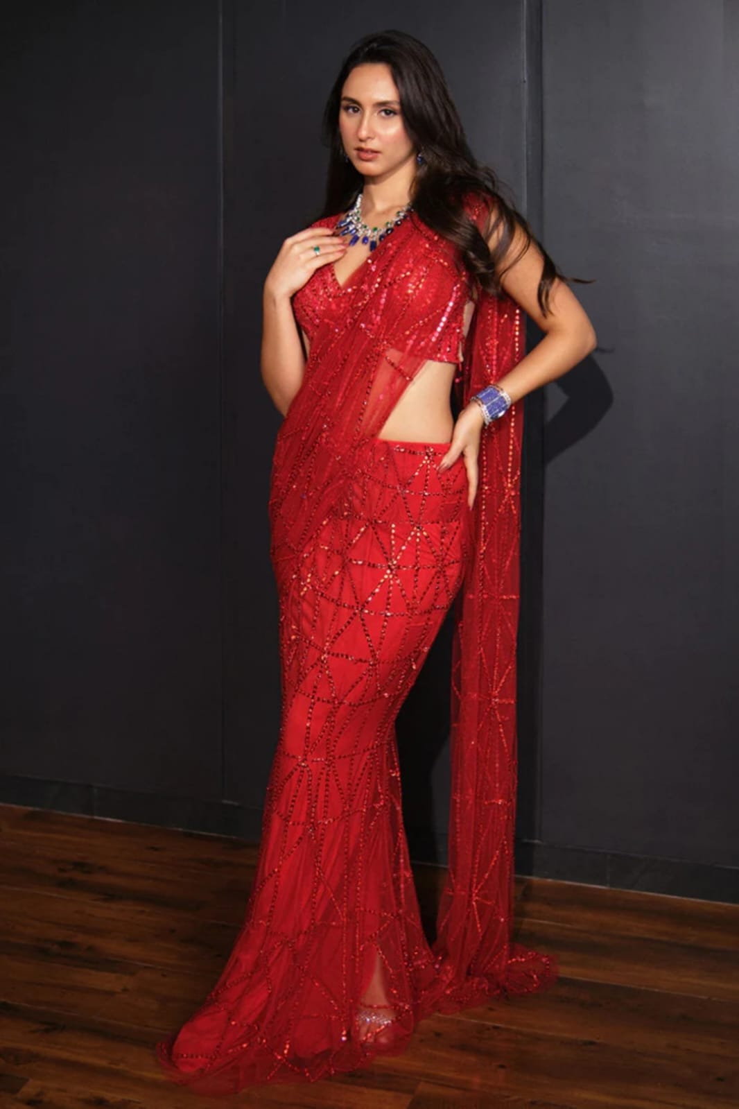 Captivating Red Color Sequence Work Net Saree